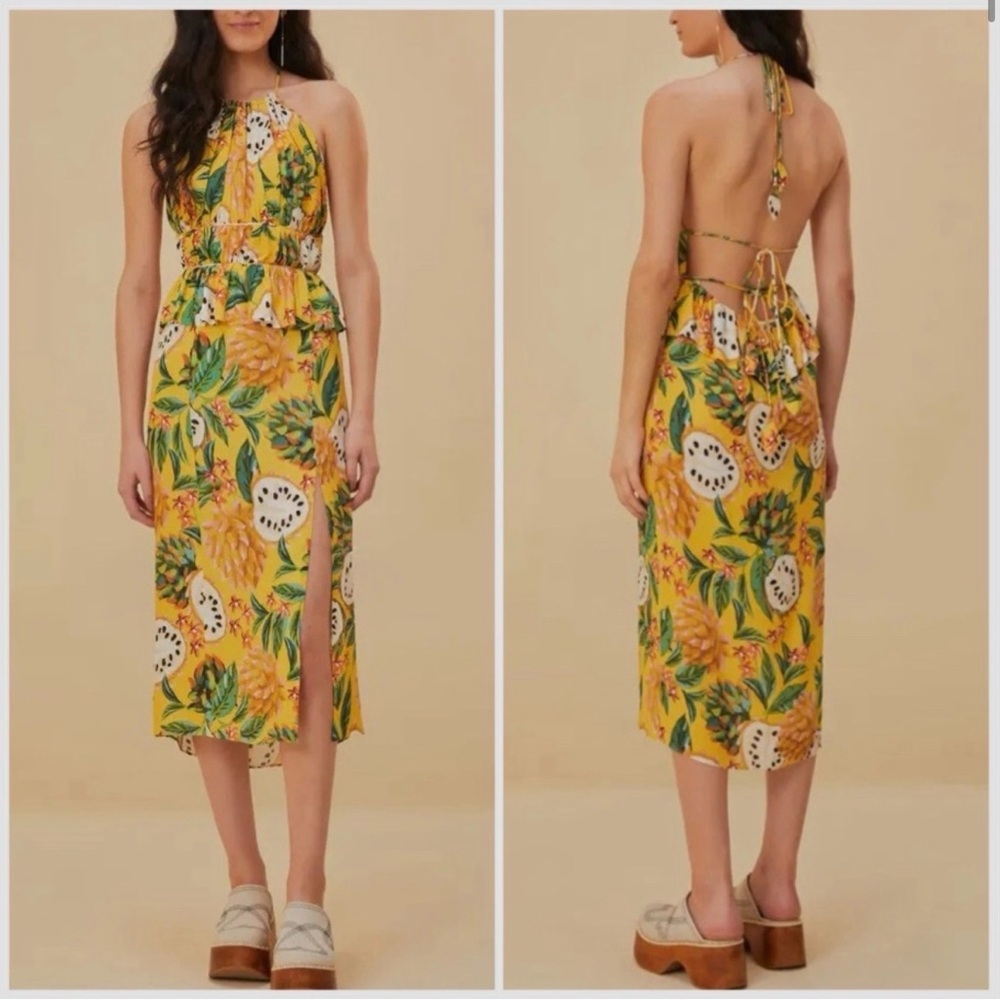 Farm Rio Biriba Yellow Tropical Halter Midi Dress